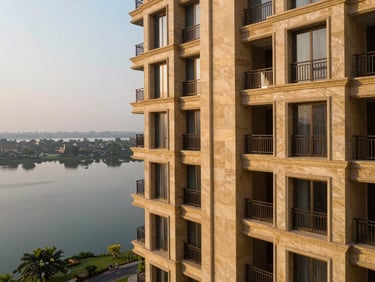 Golden-hour architectural view of a luxury residential tower balcony in Powai, overlooking serene lake waters, high-end stone finishes