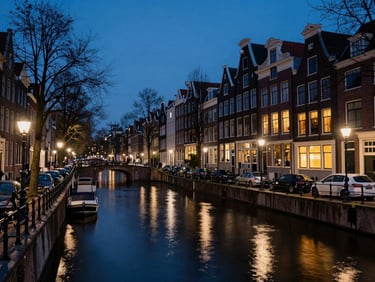 Cinematic moody Amsterdam canal at blue hour, glowing streetlights, 16:9 aspect ratio.