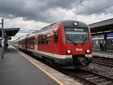 Moody Munich terminal with train departing, overcast sky, dramatic lighting, 16:9 aspect ratio.