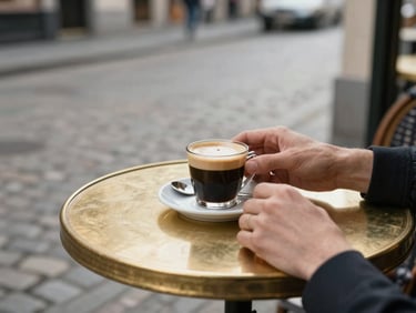 Cinematic close-up of hands holding a fresh espresso on a brass table outside a classic Brussels cafe, soft morning light, blurred cobblestone street.
