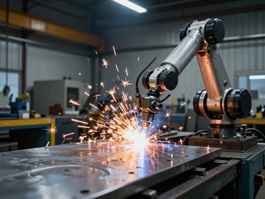Dramatic industrial photography, high-contrast workshop lighting, robotic welding arm emitting bright orange sparks against cool steel plates, 35mm lens, wide panoramic framing