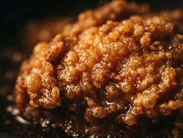 Macro close-up of a golden-brown crispy chicken skin texture with glistening hot oil, dramatic side lighting, dark moody background
