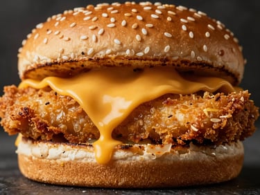 Macro shot of a towering zinger burger, melting cheddar cheese dripping down crispy golden chicken breast, toasted sesame bun, dark moody background, warm side lighting, shallow depth of field