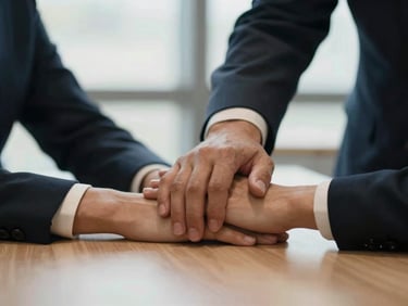 Close-up of two professional hands, one resting on top of the other, on a light-colored conference table, conveying collaboration and agreement, soft directional light, deep navy and muted gold accents.