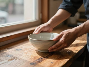 Close-up of a cook's hands placing a ceramic bowl on a worn wooden counter inside a small restaurant, north-facing daylight through a nearby window, shallow depth of field, warm shadows
