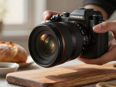 Close-up of a camera lens hovering above a wooden board with bread and a small ceramic dish, golden morning light from a side window, hands just visible steadying the camera, shallow depth of field