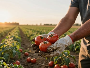 Wide shot of a farmer's hands cupping freshly harvested tomatoes in a sunlit field, golden hour light from the left, soil visible on gloves, rows of plants receding into background