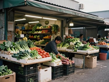 Wide environmental shot of a market stall shopfront during morning hours, a person arranging crates of vegetables, soft overcast daylight, no customers visible, quiet working atmosphere