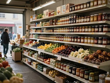 Wide environmental shot of an independent food market stall interior, shelves of jarred goods and produce under soft north-facing daylight, no customers, quiet working hour atmosphere
