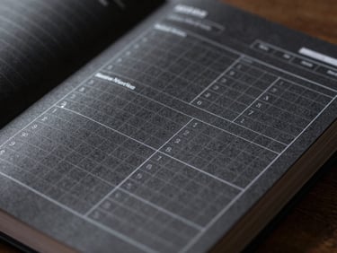 Macro side-lit photograph of a premium black paper planner with sharp white ink grids, showing daily focus metrics and structured time blocks.