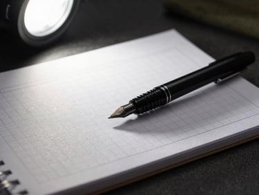 Macro close-up of a physical tactical planner on a dark desk, sharp black pen ink on structured grid paper, dramatic side lighting from a workspace lamp.