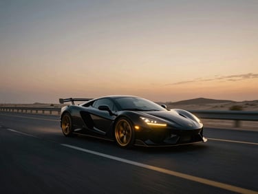 Cinematic film photography of a sleek black supercar speeding through a Dubai desert highway at twilight, sharp golden rim lights, anamorphic lens, 35mm