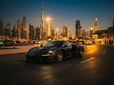 Sleek supercar driving through Downtown Dubai at golden hour, dramatic rim lighting, anamorphic lens, high-contrast obsidian and gold tones, 35mm photography