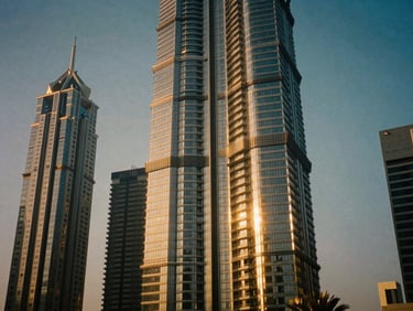 Cinematic film photography of a modern Dubai skyscraper penthouse at golden hour, dramatic rim light, anamorphic lens, 35mm