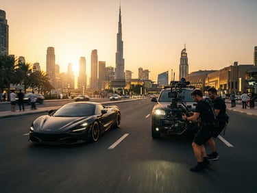 Wide panoramic shot of a professional camera rig on a tracking vehicle filming a luxury supercar at golden hour in Downtown Dubai, anamorphic lens, high-contrast rim light