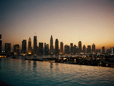 Cinematic film photography of a luxury resort infinity pool overlooking the Dubai skyline at dusk, warm ambient lighting, anamorphic lens, 35mm