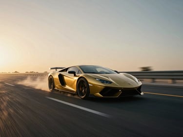 Wide low-angle tracking shot of a gold supercar speeding down a deserted Dubai highway at sunrise, dust kicking up, motion blur, anamorphic lens, cinematic film photography