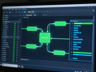 Macro shot of a clean developer screen showing structured data pipelines, low-key ambient lighting with subtle neon green and electric blue accent glows, cinematic, 3d render