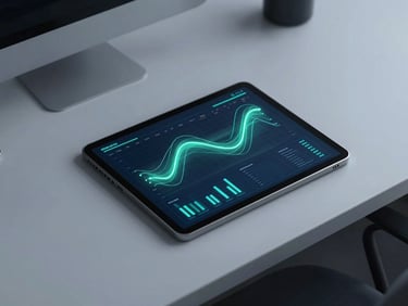Moody 3D render of a clean overhead desk setup with a tablet displaying data charts, subtle neon green accent glow, cinematic lighting.