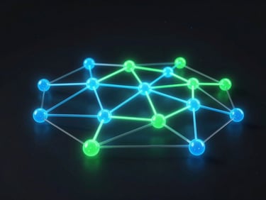 Moody 3D render of glowing network nodes connecting seamlessly, electric blue and neon green lighting, dark obsidian background.