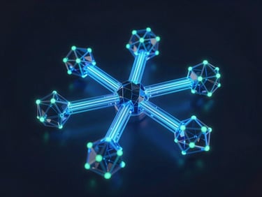 Abstract 3D representation of interconnected geometric nodes and data pipelines, electric blue glow, dark background.