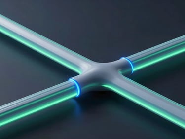Moody 3D render of abstract data pipelines flowing smoothly, electric blue accents, dark background, cinematic lighting.
