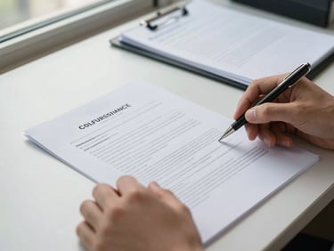 Close-up of hands carefully reviewing a printed compliance document on a clean office desk, natural daylight from a side window casting even light, a sealed file folder visible in the background, no faces, institutional and precise atmosphere