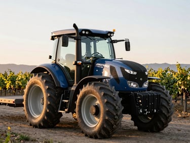 Modern tractor secured on a JONATHAN'S SON INC lowboy trailer, golden hour light, Northern California vineyard in background, industrial editorial photography.