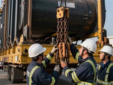 JONATHAN'S SON INC team member in clean safety gear inspecting heavy-duty rigging chains on an oversized load, close-up, sharp focus, crisp morning daylight.