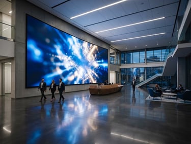 Wide architectural angle of a modern commercial lobby with a massive seamless LED display integrated into the wall, soft ambient light reflecting on polished concrete, 35mm