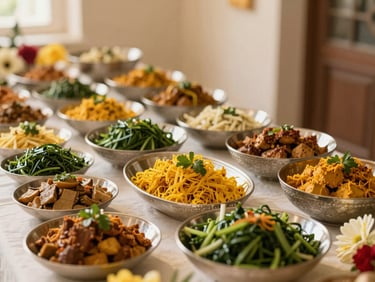Elegant Indian wedding buffet setup with vibrant dishes and floral decorations, warm natural light