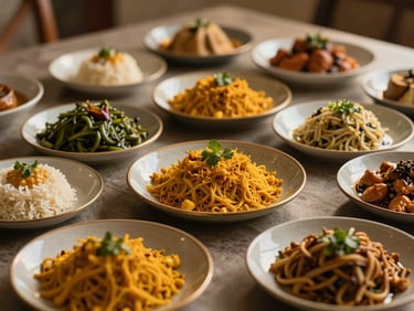 Intimate Indian private dining setup with beautifully plated dishes, warm editorial food photography, soft golden-hour side light, 35mm lens, saffron and gold accents.