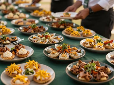 Sophisticated Indian corporate event catering setup with small plates and professional service, warm editorial food photography, 35mm lens, deep green accents.
