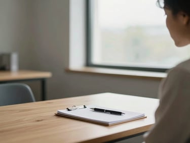 A quiet, professional consultation room, soft natural daylight through a window, a clean wooden desk with a pen resting on a notepad, shallow depth of field, editorial photography