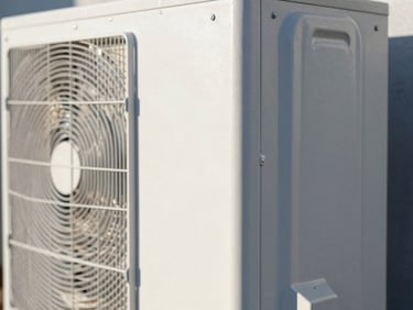 Macro shot of a high-end metal heat pump exterior, clean industrial design, crisp morning daylight with sharp shadows, 35mm lens