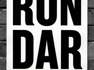 Close-up of a stark typographic poster pasted on a brick wall, peeling edges, hard direct flash, high-contrast black and white, deep shadows