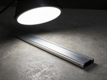 Linear recessed channel fixture segment laid on a concrete surface, studio strobe overhead showing the extruded aluminum profile and diffuser edge detail in high contrast, minimal background, no context