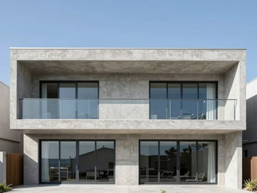 Modern coastal concrete house facade, straight-on architectural symmetry, bright daylight, 35mm lens