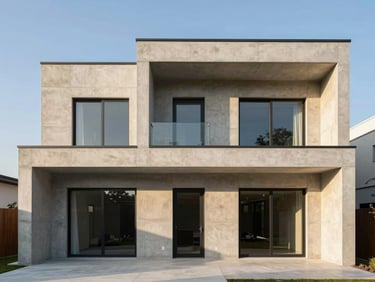 Modern residential concrete villa exterior, straight-on architectural symmetry, warm golden hour lighting, sharp lines