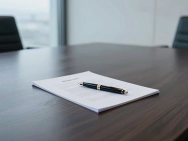 A minimalist executive boardroom with a polished dark wood table, a single luxury fountain pen resting on a crisp white contract document, cool overcast natural light
