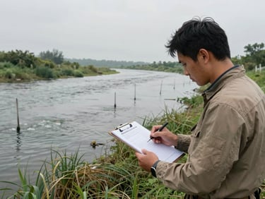 Wide environmental survey scene — technician recording data on clipboard at riparian vegetation edge, overcast daylight, measuring stakes visible in shallow water