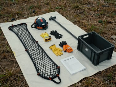 Overhead view of rescue equipment laid out on a field tarp — net, gloves, transport crate, data sheets — clinical task lighting, muted earth tones