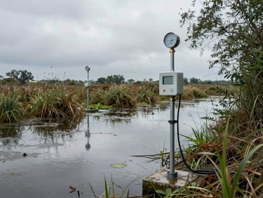 Wide shot of a wetland monitoring station: PVC water-level gauges and data loggers installed along a flooded margin, overcast sky, riparian vegetation framing the right edge, no people