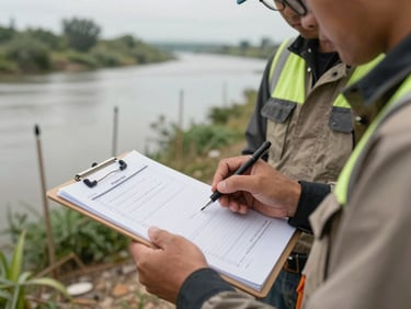 Close-up of two technicians in field gear reviewing data sheets on a clipboard at a riverbank survey site, vegetation mapping stakes visible behind them, overcast natural daylight, no faces fully visible — focus on hands and documentation process