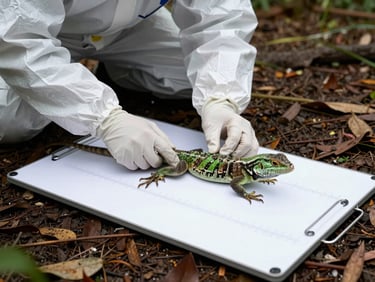 Field technician in protective gear carefully restraining a green lizard against a white measurement board on open ground, overcast diffused light, surrounding leaf litter visible, clinical framing