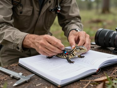 Tight shot of field researcher attaching a tracking marker to a medium-sized reptile on a data sheet, natural overcast light, field notebook and calipers visible nearby