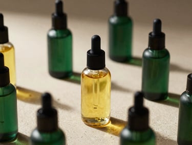 Elegant minimalist bottles of argan oil, one with a dropper, arranged on a smooth beige stone surface, soft natural light, luxurious editorial photography, rich royal green and warm gold accents, high-contrast textures, 35mm