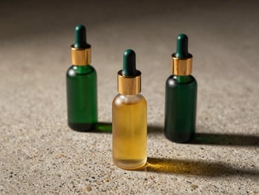 Bouteilles d'huile de CBD minimalistes sur une surface en pierre naturelle, éclairage studio propre, accents vert royal et or, style institutionnel et luxueux.