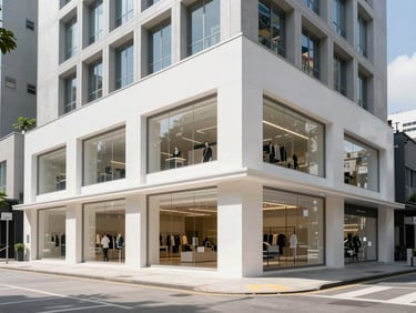 Modern retail storefront exterior in Bukit Bintang, sharp architectural lines, bright daylight