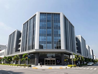 Contemporary lifestyle commercial center in Petaling Jaya, architectural symmetry, bright daylight